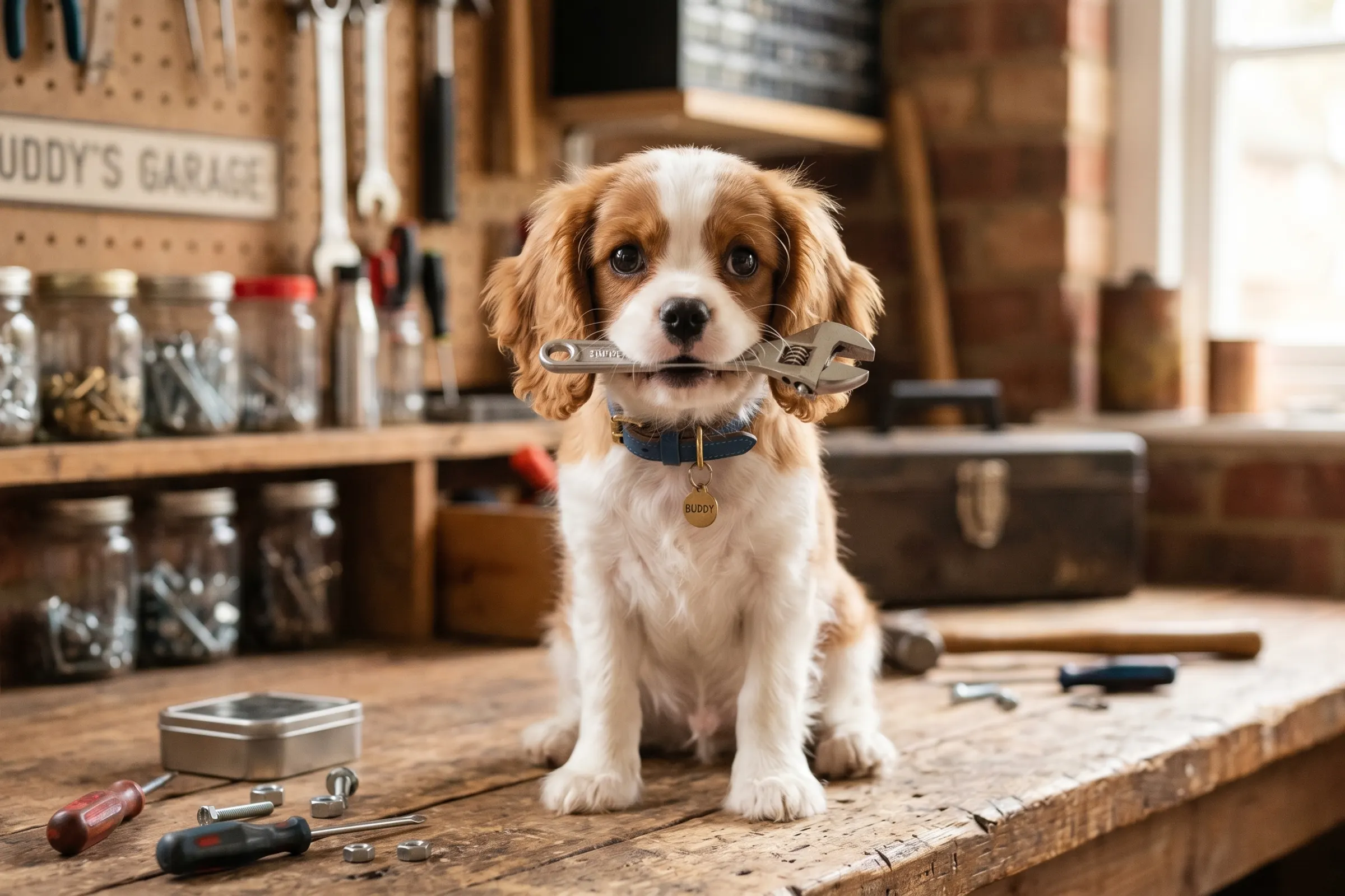 A Cavalier King Charles Spaniel puppy sitting on a workbench in a home garage, holding a wrench in its mouth, surrounded by tools.
